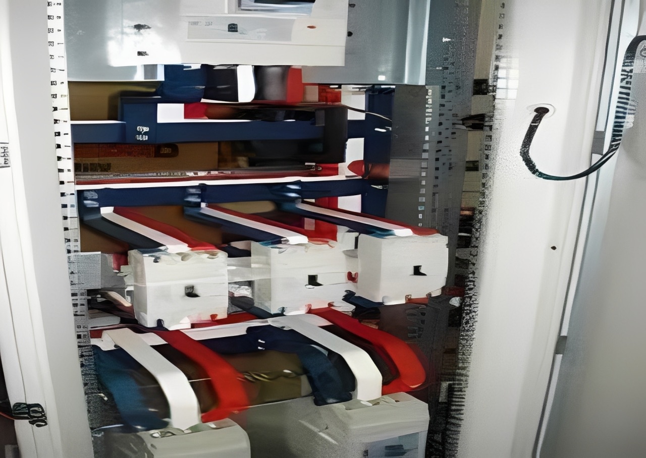 Interior de quadro elétrico com barramentos azuis e vermelhos, blocos brancos de conexão e cabos